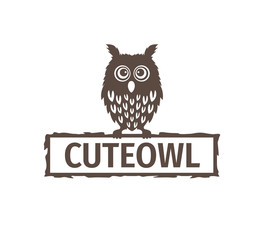 cute owl chick with big eyes perch on wooden banner board vector logo design