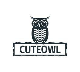 cute owl chick with big eyes perch on wooden banner board vector logo design