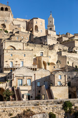 View of the Sassi di Matera a historic district in the city of Matera, well-known for their ancient cave dwellings. Basilicata. Italy