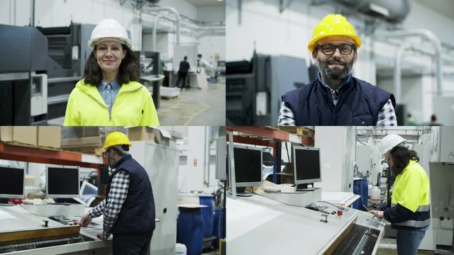 Collage of employees setting machines and looking at camera. Multiscreen montage, split screen collage. Print manufacturing concept