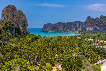 Naklejka premium Beautiful tropical langscape from a remote viewpoint. Railay Beach, Krabi, Thailand