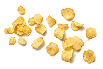 Potato chips flying. Vegan beer snack isolated on white. Crispy home made veggie chip, levitation...