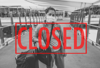 COVID-19 Outbreak. Traveler with face mask affected by coronavirus travel ban and border...