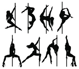 Set of silhouette women dancers on a pole. Collection of pylon dance illustrations for fitness, striptease in various poses. Exotic dance. Vector illustration on a white background.