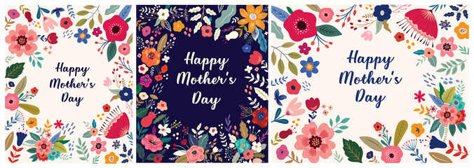 Collection of Happy Mothers Day greeting illustrations with colorful spring flowers. Happy Mothers Day templates, invitations
