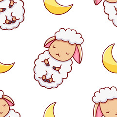 Simple seamless pattern, cute kawaii hand drawn sheep doodles