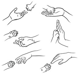 Set of human hand and cat paw. Collections of the hands of a man holding a pet's paw. The concept of love for animals. Vector illustration of a manifestation of care for the pet. © Igor