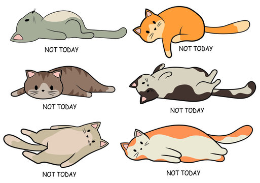 Set of lazy cats. Collection of cute cats lying on their back. Putting aside affairs for tomorrow. Lovely colored cats. Color illustration for children.