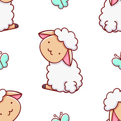 Simple seamless pattern, cute kawaii hand drawn sheep doodles