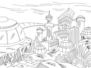 Fototapeta premium Miasto podwodne graficzny czarno biały gród szkic wektor ilustracja