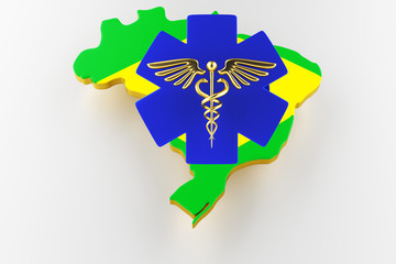 Caduceus sign with snakes on a medical star. Map of Brazil land border with flag. Brazil map on white background. 3d rendering