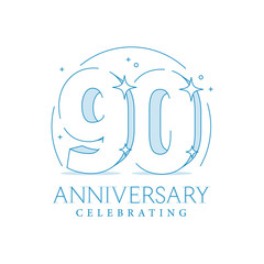 Anniversary 90. 3d number twenty with sparkles. In line art style. 90th anniversary poster template. Solemn figure for presentation. Vector illustration