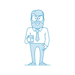 Character happy man with glasses and a beard drinks tea. Manager or office worker in a shirt with a tie holds a cup. Illustration in line art style. Vector