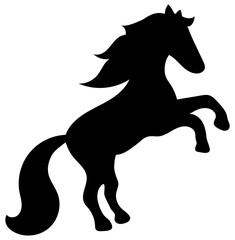 Black cartoon silhouette of a horse rearing up with its mane flying. White background. Vector graphics, illustration
