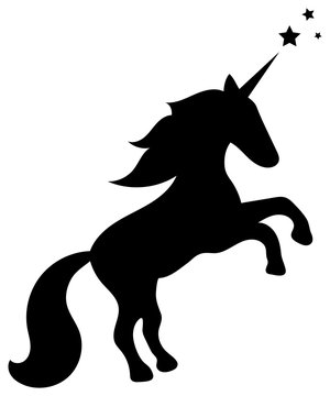 Black cartoon silhouette of a unicorn horse rearing up, with a flying mane and three stars from the horn. White background. Vector graphics, illustration