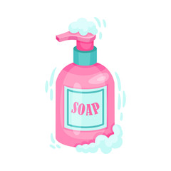 Liquid Soap in Dispenser Bottle with Label and Foam Vector Illustration