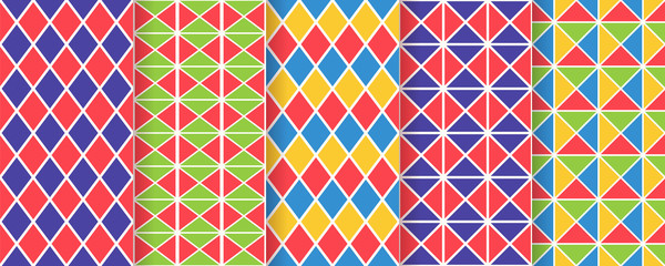 Harlequin seamless pattern. Vector. Circus background with rhombuses, triangles and squares. grid tile texture. Diamond print. Geometric illustration. - obrazy, fototapety, plakaty