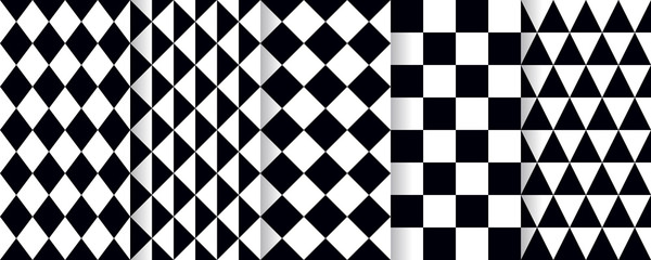 Harlequin seamless pattern. Vector. Black white background with rhombuses, triangles and plaid. Circus grid tile texture. Diamond print. Geometric illustration. - obrazy, fototapety, plakaty