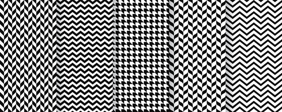 Herringbone seamless pattern. Vector. Twill print with herring bone, zig za and chevron. Tweed geometric textures. Set black white backgrounds. Simple illustration.