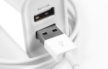USB charger connector cable input and USB (5V 1A) ports on the white background closeup, macro
