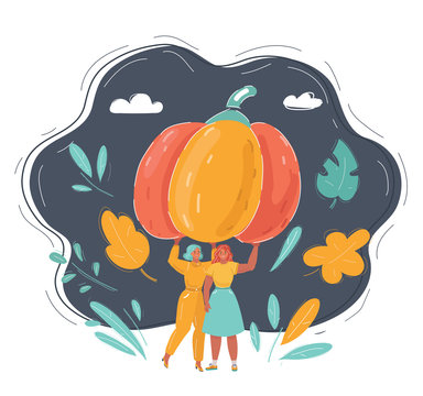 Illustration of two woman holding big pumpkin
