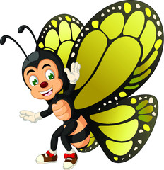 Beautiful Yellow Wings Butterfly Wear Brown Shoes Cartoon