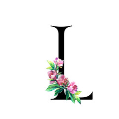 Floral Letter  with hand painted pink flowers and leaves. . Elegant Alphabet isolated on the white background. Design for Wedding, inviting, greeting and birthday card for celebration. Black L