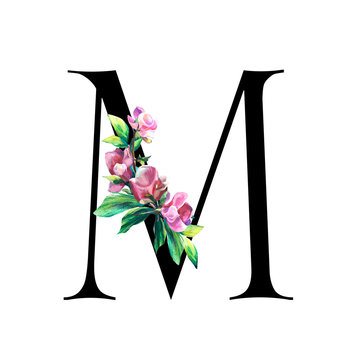 Floral Letter  with hand painted pink flowers and leaves. . Elegant Alphabet isolated on the white background. Design for Wedding, inviting, greeting and birthday card for celebration. Black M
