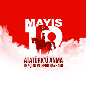 Turkish national holiday illustration banner 19 mayis Ataturk'u Anma, Genclik ve Spor Bayrami, tr: 19 may Commemoration Ataturk, Youth and Sports Day, White and red graphic design Turkish holiday card