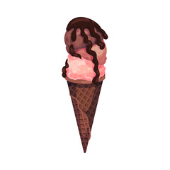 Balls of Ice Cream in Waffle with Chocolate Topping Vector Illustration