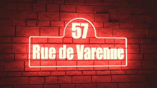 Street signs with an inscription in French Varenne street, the building number fifty seven Paris, France. 3D rendering. Neon bulb illumination