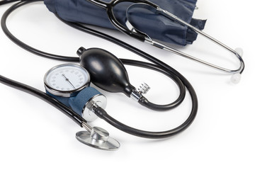 Parts of the mechanical aneroid sphygmomanometer and stethoscope close-up