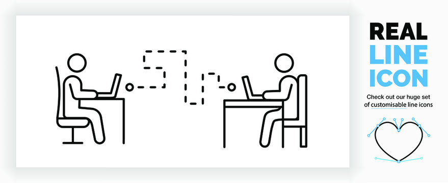 Editable real line icon of stick figure people working from home on their computer communicating with their colleagues in on a online server with digital files in modern black lines as a eps vector