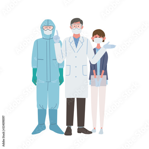 マスクをつける 医者 看護師 防護服 コロナウイルス イラスト セット Wall Mural マツ