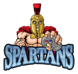 A Spartan, Trojan or gladiator warrior gamer mascot with video games controller