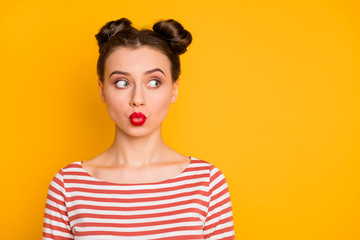 Close-up portrait of her she nice-looking attractive lovely winsome lovable glamorous girl pout lips looking aside kissing you isolated over bright vivid shine vibrant yellow color background
