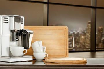 Desk of free space and blurred window of free space for your decoration. 