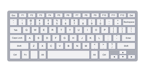 Laptop qwerty keyboard with silver key buttons. Vector illustration isolated on white background - obrazy, fototapety, plakaty