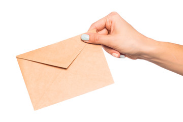 female hand holding  envelope isolated on white background .