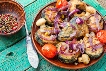 Fried mackerel with vegetables