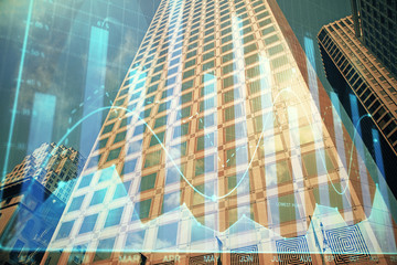 Naklejka na ściany i meble Forex chart on cityscape with tall buildings background multi exposure. Financial research concept.