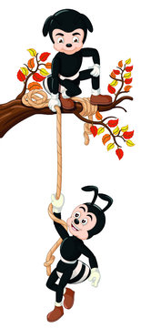 Funny Two Black Ants Climbing Tree Branch With Rope Cartoon