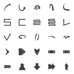 Universal arrows vector icons set, modern solid symbol collection, filled style pictogram pack. Signs logo illustration. Set includes icons as curve arrow right, left side direction, down up, transfer
