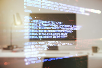 Multi exposure of abstract software development hologram on laptop background, research and analytics concept