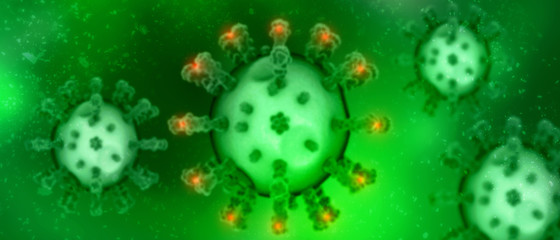 3d render Corona virus disease COVID-19. Microscopic view of a infectious virus