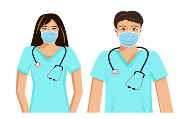 Vector image of a female and male doctor wearing face masks - coronavirus protection and risk