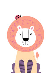 Cute lion with ladybug on the head. Poster for baby room. Childish print for nursery. Design can be used for fashion t-shirt, greeting card, baby shower. Vector illustration.