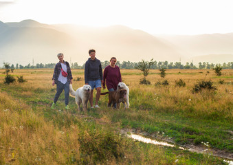 in mountains women walk with dogs at sunset