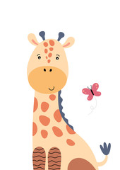 Cute giraffe and flying butterfly. Poster for baby room. Childish print for nursery. Design can be used for fashion t-shirt, greeting card, baby shower. Vector illustration.