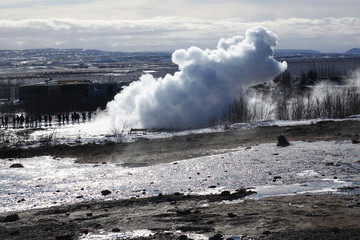 Iceland. Geyser Strokkur and the geothermal fields